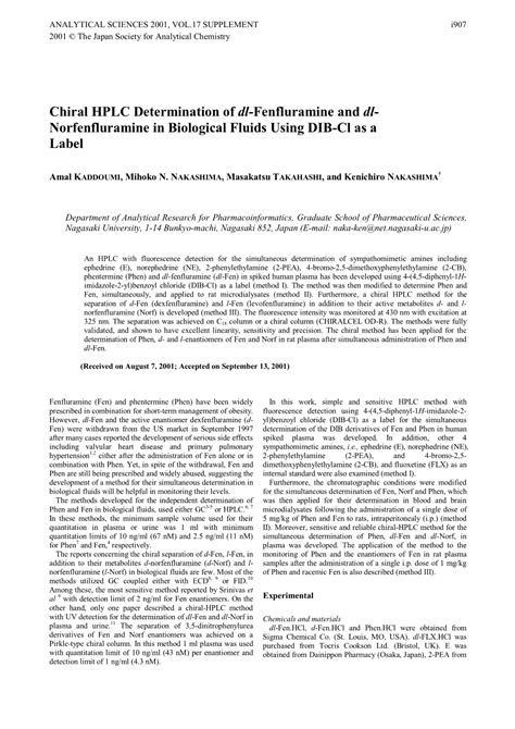 Chiral HPLC Determination Of Dl Fenfluramine And Dl Norfenfluramine In