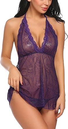 Adome Women Lingerie Deep V Halter Babydoll Lace Chemise Floral