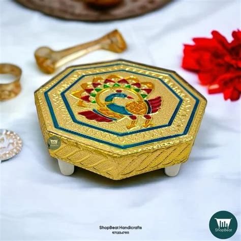 ShopBeat Golden Oxidised Octagon Peacock Wooden Pooja Chowki 4x4 Inches