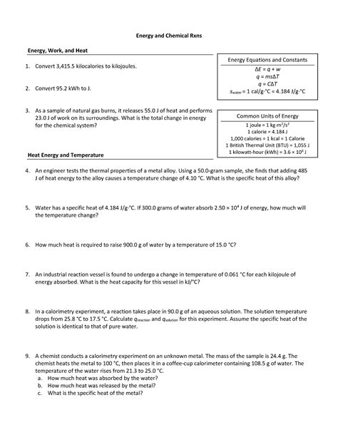 Energy And Thermochemistry Extra Practice With Answers Energy And