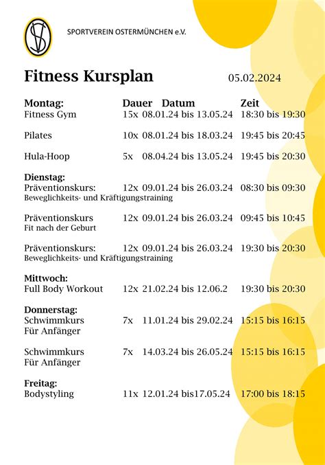 Übersicht über alle Fitness Kurse 1 Halbjahr 2024 SV Ostermünchen e V