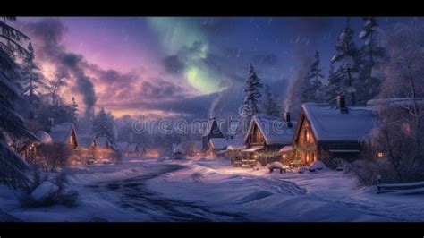 Winter Cabins Under Magical Northern Lights Resplendent Stock Image