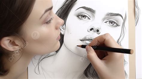 امرأة ترسم وجهًا بقلم رصاص صورة لتخطيط الرسم الخطوط العريضة رسم صورة