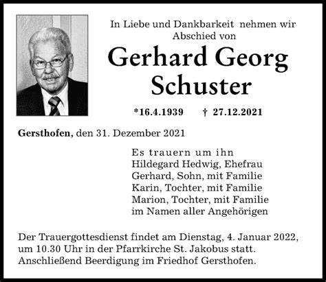 Traueranzeigen Von Gerhard Georg Schuster Augsburger Allgemeine Zeitung