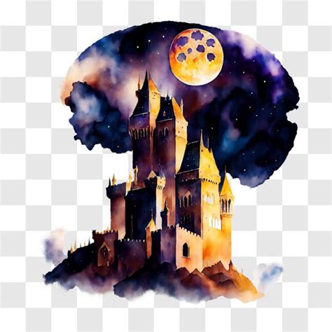 Baixe Pintura Em Aquarela De Um Antigo Castelo Lua E Nuvens PNG