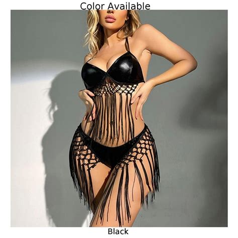 Elegant Wet Look PVC Leather Tassel Lingerie Set For Women Dance Club