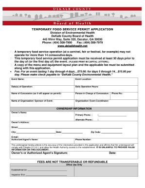 Temporary Food Service Permit Application DeKalb County Board Of