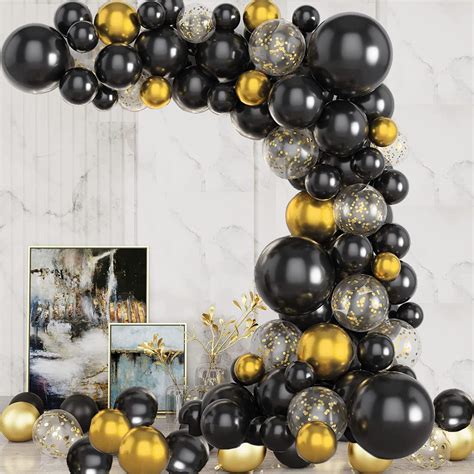 Kit De Guirnalda De Globos Negros Y Dorados 90 Globos De Confeti Negro