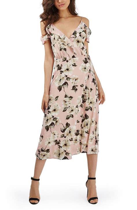 Topshop Blush Floral Ruffle Cold Shoulder Wrap Midi Dress Nordstrom