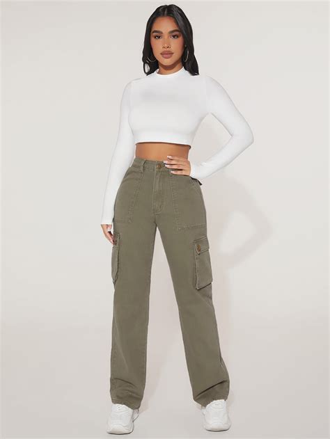 Shein Petite Jeans Cargo De Talle Alto Con Bolsillo Con Solapa Moda