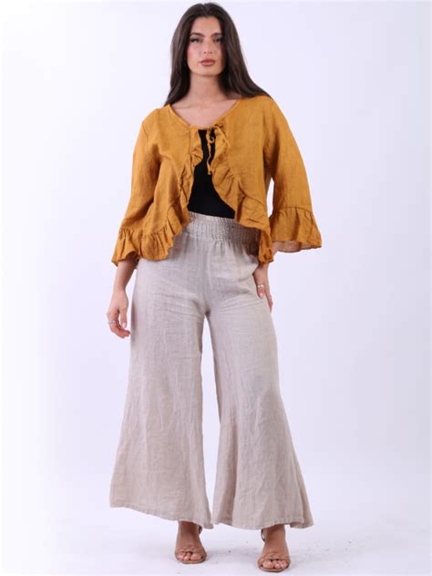 Wholesale Italian Plain Linen Lagenlook Tie Up Ruffle Crop Jacket