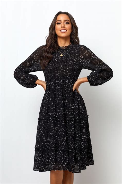 Round Neckline Shirred Bodice Long Sleeves Midi Dress Long Sleeve