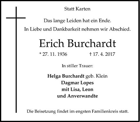 Traueranzeigen Von Erich Burchardt Trauer In Nrw De