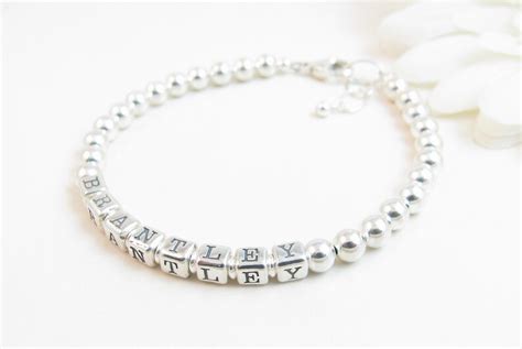 Sterling Silver Beaded Name Bracelet Push Present Mom Etsy