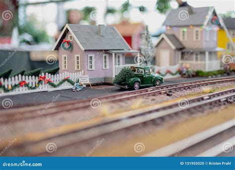 Vintage Christmas Train Set Scene Stock Photo - Image of closeup ...