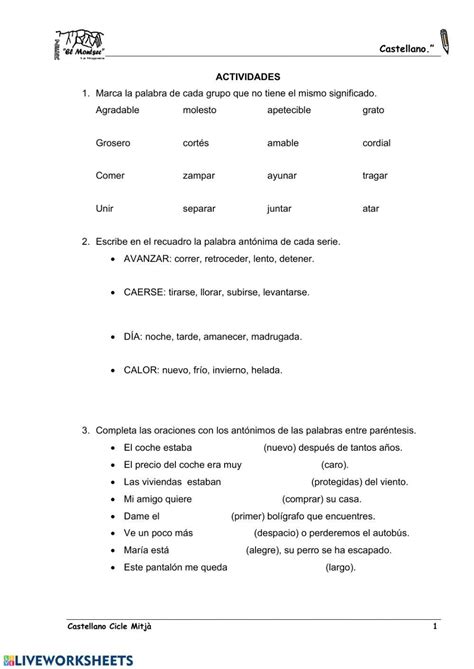 Sinónimos Y Antónimos Online Pdf Worksheet Live Worksheets