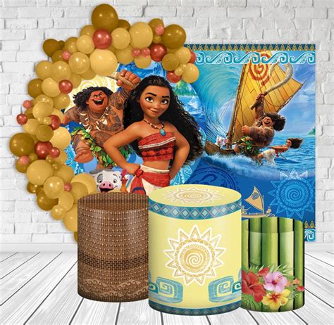 Kit Festa Casado Painéis Trio Capas Cilindro Moana Maui Elo7