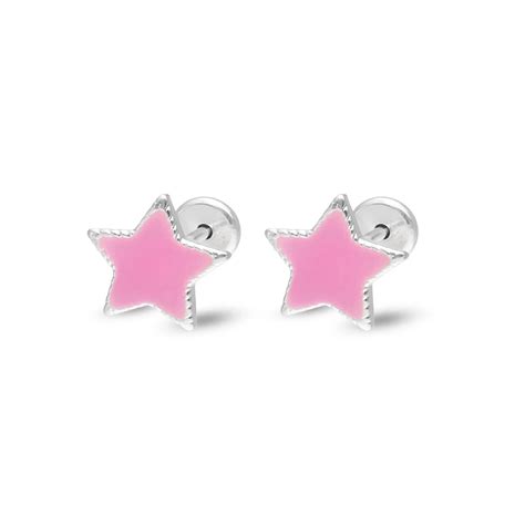 E Aros Abridores Premium Plata Estrella Esmaltada Color Rosa