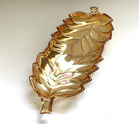 Vintage Amber Carnival Glass Leaf Dish Lovely Iridescent Etsy