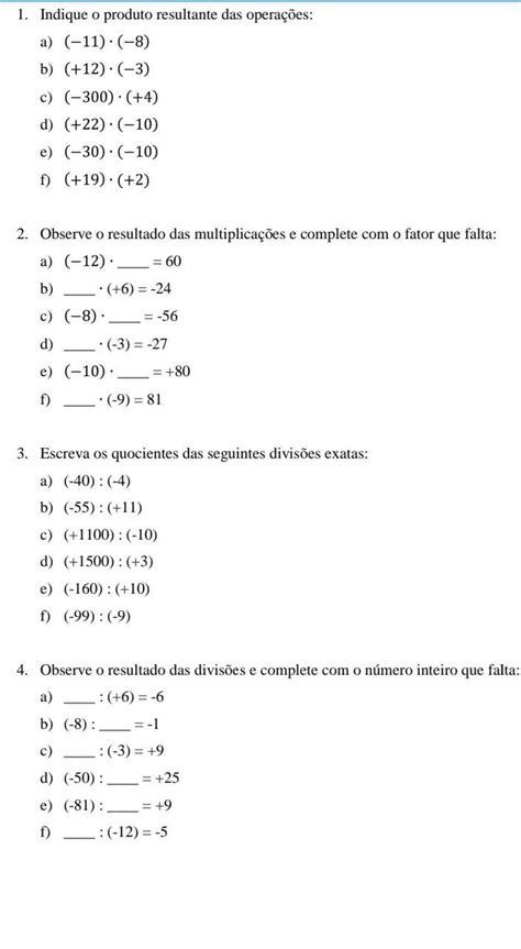 É Pra Hoje Divisão E Multiplicação De Números Inteiros Me Ajudem