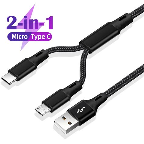 Cable Micro Usb Tipo C 2 En 1 Cargador Dual Portátil Para Teléfono Móvil Android Banco De