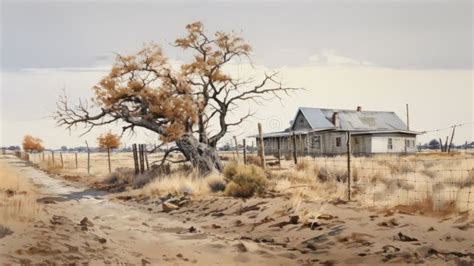 Eerily Realistic Abandoned Farmhouse Painting with Tree and Fence Stock Illustration ...