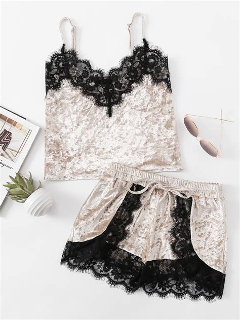 SHEIN Eyelash Lace Trim Velvet Cami Shorts Pajama Set Pajama Set