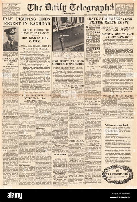 1941 Front Page Daily Telegraph Crete Evacuated By British Forces And