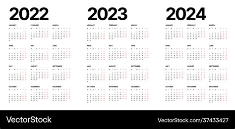 Calendar For 2022 2023 And 2024 Years Week Vector Image