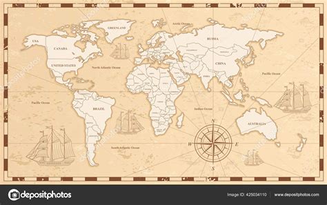 Old world map flat vector illustration. Ancient parchment with ...