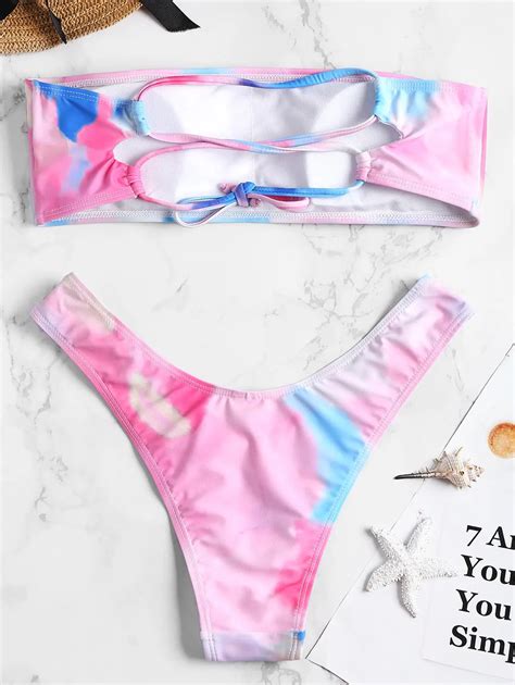 Lace Up Tie Dye Bandeau Bikini Set Bathing Suit Brazilian Biquni