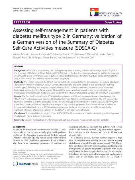 Pdf Assessing Self Management In Patients With Diabetes Mellitus Type 2 In Germany Validation