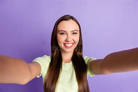 Portrait Of Satisfied Young Girl Make Selfie Toothy Smile Wear Light