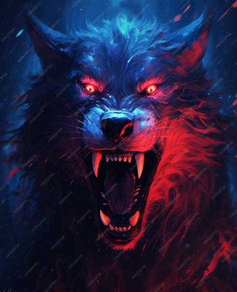 Premium AI Image | there is a wolf with red eyes and a red and blue ...