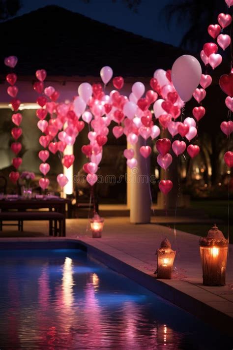 A Backyard Decorated With Heart Shaped Lights Balloons And A Love