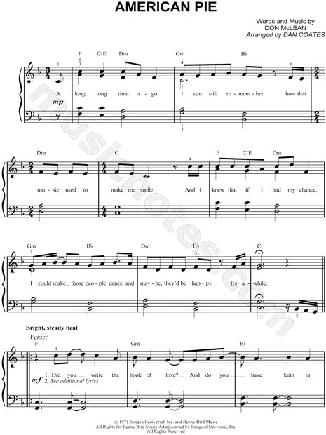 Don Mclean American Pie Sheet Music Easy Piano In F Major