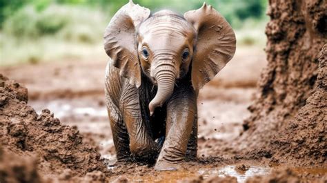 Premium AI Image A Baby Elephant Playing In The Mud AI Generated