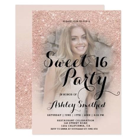 Modern Faux Rose Gold Glitter Ombre Photo Sweet Invitation Zazzle