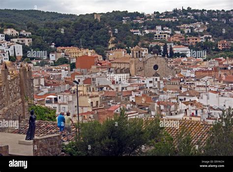 Spain Catalonia Tossa De Mar The Ava Gardner Statue And Town From