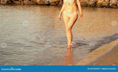 Woman S Silhouette Walking Along The Sea Shore During Sunset Side View