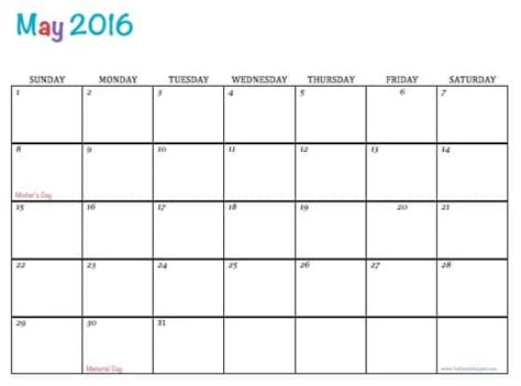 Free Printable May 2016 Calendar Home Printables