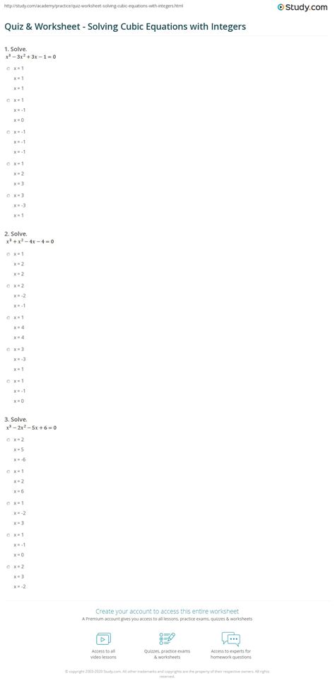 Quiz And Worksheet Solving Cubic Equations With Integers