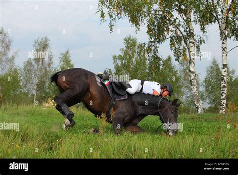 Accident at the jump - competitor falling from her horse in the cross ...