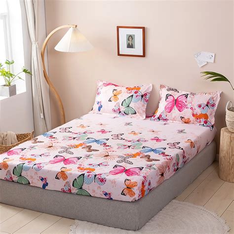 Pink Butterfly Printed Fitted Sheet 3pcs Bed Sheet With Pillowcases