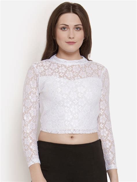 Buy Martini Women White Self Design Fitted Crop Top Tops For Women