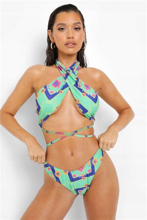 B34G032 DÓŁ OD BIKINI FIGI ZIELONE WZÓR BOOHOO 36 13837608229