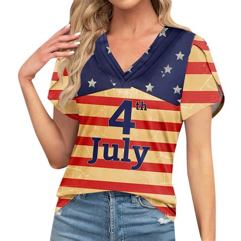 4th Of July Wangxldd Womens Summer Tops V Neck Short Sleeve Graphic T Shirts American Flag Print