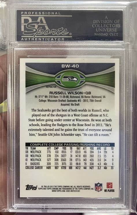 2012 Topps Chrome Russell Wilson Blue Wave Refractor Ref BW 40 PSA 10