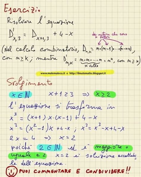 ANTEPRIMA DI UN ESERCIZIO SVOLTO DI CALCOLO COMBINATORIO EQUAZIONE