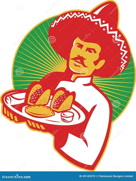 Cocinero Mexicano Serving Taco Burrito Empanada Retro Stock De